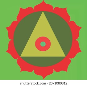 Manipura, the third chakra. Known in the world of yoga, Buddhism, Hinduism, and other occult practices. It has ten petals; its colors are green and red. This pyramid in the middle symbolizes fire.