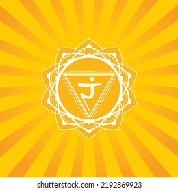 Manipura - the third primary chakra. Adrenal gland in human body. Vector hand drawing illustration, for yoga studio. Symbol  of energy center of human body, used in Ayurveda medicine