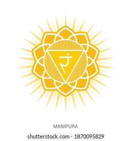 Manipura - the third primary chakra, vector hand drawn illustration - for yoga studio. Symbol used in Hinduism, Buddhism and Ayurveda - alternative medicine. Pituitary gland in human body.