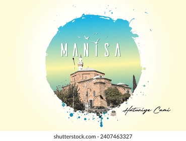 Manisa, Turkey - January 1 2024: Manisa Hatuniye Cami. Translated: Manisa Hatuniye Mosque of Turkey. Vector Illustration