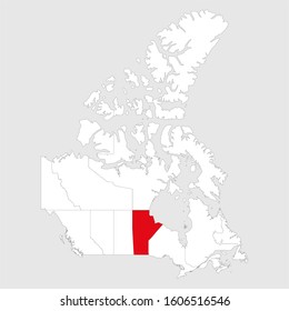 Manitoba highlighted on canada map. Gray background. Canadian political map.