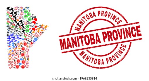 Manitoba Province map collage and distress Manitoba Province red round stamp seal. Manitoba Province seal uses vector lines and arcs. Manitoba Province map mosaic contains helmets, homes,