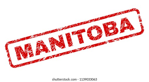 MANITOBA stamp seal print with grunge style. Red vector rubber print of MANITOBA title with corroded texture. Text tag is placed inside rounded rectangle frame.