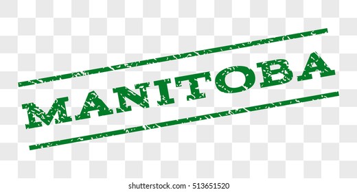 Manitoba watermark stamp. Text caption between parallel lines with grunge design style. Rubber seal stamp with dust texture. Vector green color ink imprint on a chess transparent background.