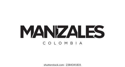 Manizales in the Colombia emblem for print and web. Design features geometric style, vector illustration with bold typography in modern font. Graphic slogan lettering isolated on white background.