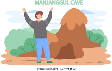 Manjanggul Cave famous landmark of Jeju Island in south Korea. Traveling to asia by landmark grotto in mountain. Stone mount in cartoon style main attraction of green island, touristic entertainment