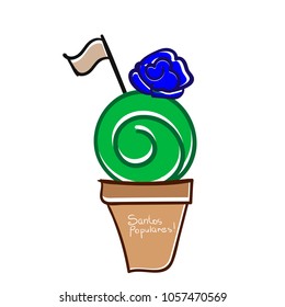 manjerico festive greeting card, stylized Portuguese holiday. basil with blue flower flag. santos populares.
