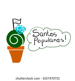 manjerico festive greeting card, stylized Portuguese holiday. basil with blue flower flag. santos populares.