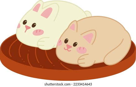 Manju doodle3. Cute Japanese pies in the form of a cat and a rabbit. Doodle color cartoon vector illustration.