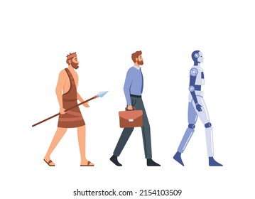 Mankind Development Concept. Male Character Evolution to Businessman and Cyborg. Robot Growth Process, Person Turn into Artificial Robotic Creature. Cartoon People Vector Illustration