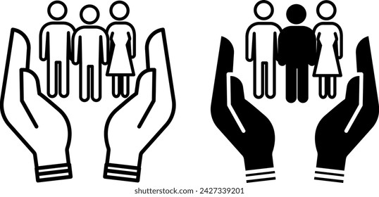 Mankind icons. Black and White Vector Icons. Group of People in Human Hands