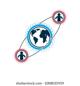 Mankind and Person conceptual logo, unique vector symbol created with different icons. System and social Matrix sign. Person and world interacts with each other. System and social Matrix sign.