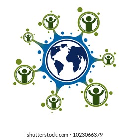 Mankind and Person conceptual logo, unique vector symbol created with different icons. System and social Matrix sign. Person and world interacts with each other. System and social Matrix sign.