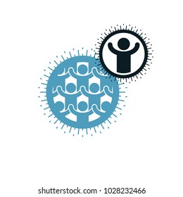 Mankind and Person conceptual logo, unique vector symbol created with different icons. System and social Matrix sign. Person and world interacts with each other. System and social Matrix sign.