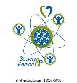 Mankind and Person conceptual logo, unique vector symbol created with different icons. System and social Matrix sign. Person and world interacts with each other. System and social Matrix sign.