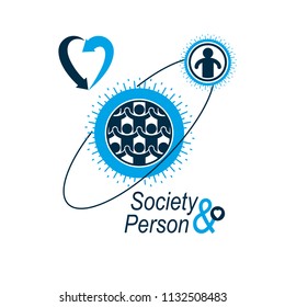 Mankind and Person conceptual logo, unique vector symbol created with different icons. System and social Matrix sign. Person and world interacts with each other. System and social Matrix sign.