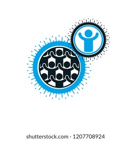 Mankind and Person conceptual logo, unique vector symbol created with different icons. System and social Matrix sign. Person and world interacts with each other. System and social Matrix sign.