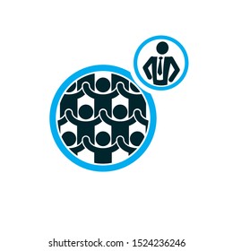 Mankind and Person conceptual logo, unique vector symbol created with different icons. System and social Matrix sign. Person and world interacts with each other.