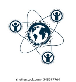 Mankind and Person conceptual logo, unique vector symbol created with different icons. System and social Matrix sign. Person and world interacts with each other. System and social Matrix sign.