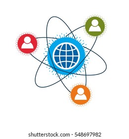 Mankind and Person conceptual logo, unique vector symbol created with different icons. System and social Matrix sign. Person and world interacts with each other. System and social Matrix sign.