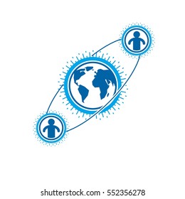 Mankind and Person conceptual logo, unique vector symbol created with different icons. System and social Matrix sign. Person and world interacts with each other. System and social Matrix sign.