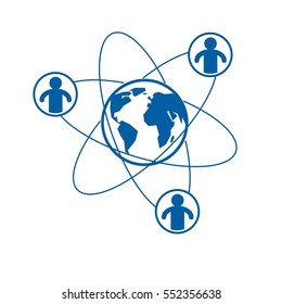 Mankind and Person conceptual logo, unique vector symbol created with different icons. System and social Matrix sign. Person and world interacts with each other. System and social Matrix sign.