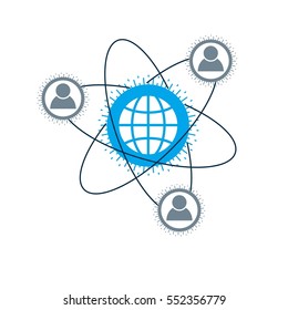 Mankind and Person conceptual logo, unique vector symbol created with different icons. System and social Matrix sign. Person and world interacts with each other. System and social Matrix sign.