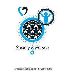 Mankind and Person conceptual logo, unique vector symbol created with different icons. System and social Matrix sign. Person and world interacts with each other. System and social Matrix sign.