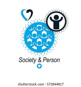 Mankind and Person conceptual logo, unique vector symbol created with different icons. System and social Matrix sign. Person and world interacts with each other. System and social Matrix sign.