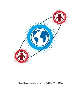 Mankind and Person conceptual logo, unique vector symbol created with different icons. System and social Matrix sign. Person and world interacts with each other. System and social Matrix sign.