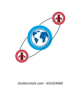 Mankind and Person conceptual logo, unique vector symbol created with different icons. System and social Matrix sign. Person and world interacts with each other. System and social Matrix sign.