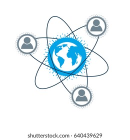 Mankind and Person conceptual logo, unique vector symbol created with different icons. System and social Matrix sign. Person and world interacts with each other. System and social Matrix sign.