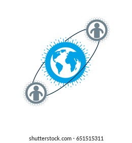 Mankind and Person conceptual logo, unique vector symbol created with different icons. System and social Matrix sign. Person and world interacts with each other. System and social Matrix sign.