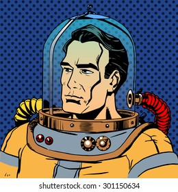 Manly man astronaut in a spacesuit. Retro style star traveller sci-Fi space adventure