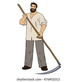 Manly man mower. Young male farmer with scythe in his hands