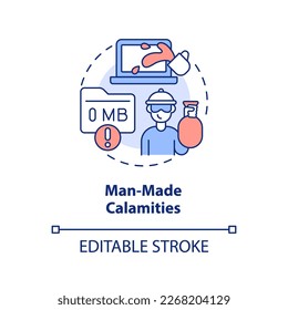 Man-made calamities concept icon. Accidental failures. Loss of data. Disaster type abstract idea thin line illustration. Isolated outline drawing. Editable stroke. Arial, Myriad Pro-Bold fonts used