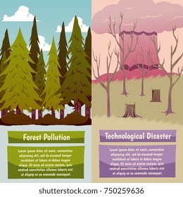 Man-made disasters 2 vertical orthogonal banners set with forest pollution and technological hazard isolated vector illustration 