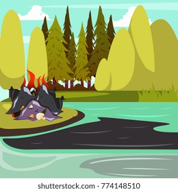 Man-made disasters orthogonal composition poster with oil spill and flammable hazardous waste in forest vector illustration 