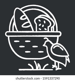 Manna and quail Bible story chalk icon. Bread loaves in basket and fowl. Religious legend. Christian religion, holy book scene plot. Biblical narrative. Isolated vector chalkboard illustration