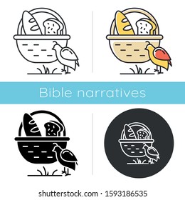 Manna and quail Bible story icon. Bread in basket. Religious legend. Christian religion, holy book scene plot. Biblical narrative. Glyph, chalk, linear and color styles. Isolated vector illustrations
