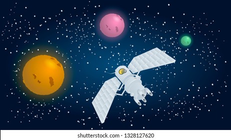manned spacecraft moves among the planets and stars.