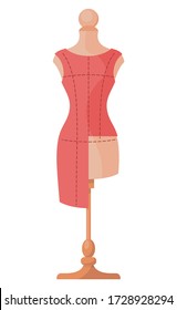 Mannequina en taller de taller de costura o de atelier. Modelo con vestido inacabado de tela roja o textil. El concepto de vestimenta de glamour es elegante. Icono plano para el uso en sitios web, como logotipo o aplicaciones