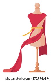 Mannequin in atelier or sewing workshop. Model with unfinished dress from red fabric or textile. Sewing stylish glamour dress concept. Flat icon illustration for using at websites, as logo or apps