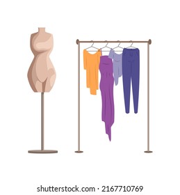 Mannequin and coat rack with fashion female clothes. Tailor dummy, trendy dress, blouse and pants on hangers. Fashion designer workshop, boutique, atelier, sewing studio flat vector