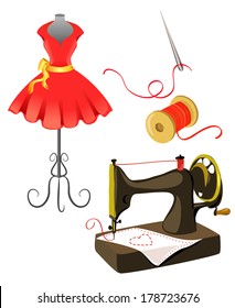 mannequin, dress, sewing machine isolated. vector illustration