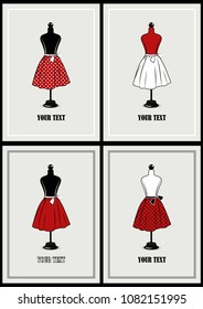 Mannequin dressed in retro skirt on the grey background. 4 variants of template design. Suitable for atelier, clothing store or online store. Vector illustration organized in layers for easy editing