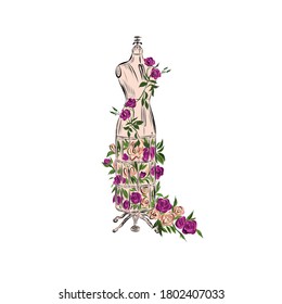 mannequin for dresses decorated with flowers. hand drawn vector clip art. illustration for vintage postcard or poster