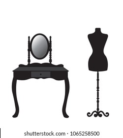 Mannequin and dressing table silhouette, vector