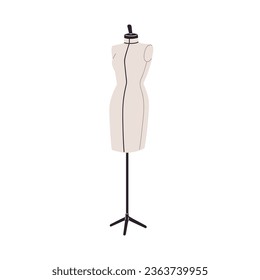Mannequin, dressmaking tailors dummy. Women form, figure. Fabric manikin on stand, base. Sewing manequin, textile torso, body model. Flat graphic vector illustration isolated on white background