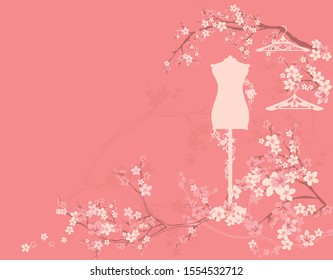 mannequin and empty hangers among blooming sakura branches - spring season clothing atelier vector copy space background